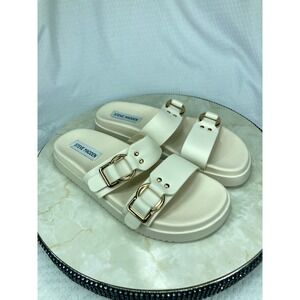 Steve Madden Hanni Buckle Platform Slide Sandals Womens 8 Cream Gold Summer Shoe